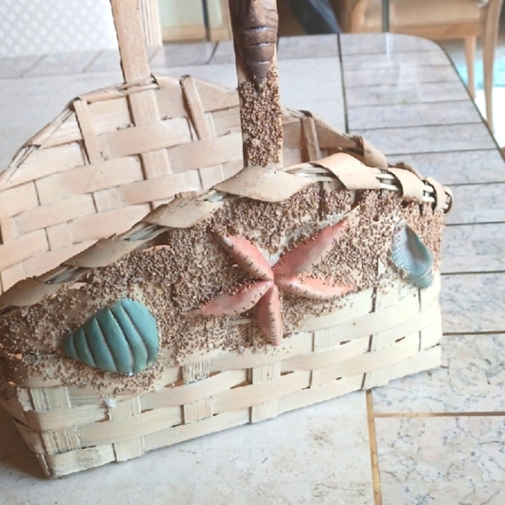 Beige Woven Basket with Seashell Accents,   Vintage From 1990's..New - Picture 5 of 9